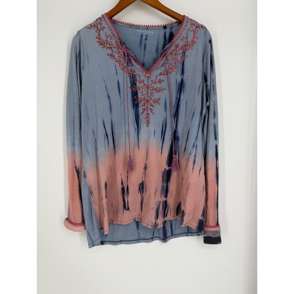 Soft Surroundings Womens Top Large Tie Dye Boho Embroidered Sequins Festival